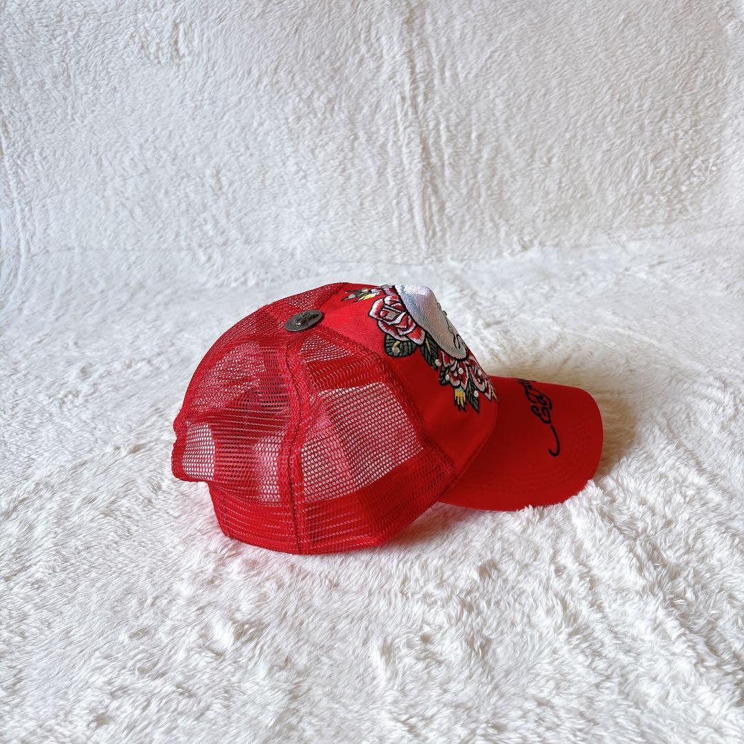 [超美品]ED Hardy スカル バラ刺繍 キャップ メッシュ レッド