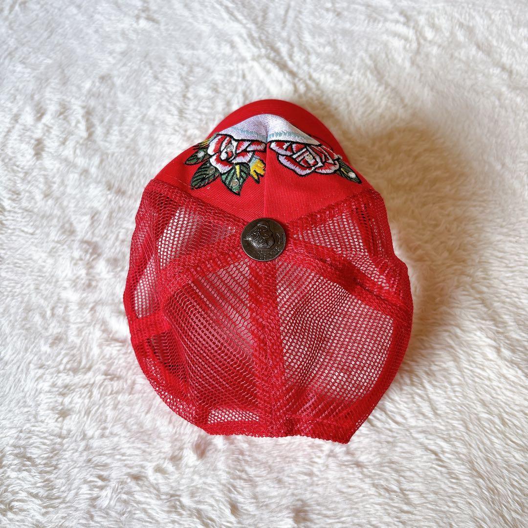 [超美品]ED Hardy スカル バラ刺繍 キャップ メッシュ レッド