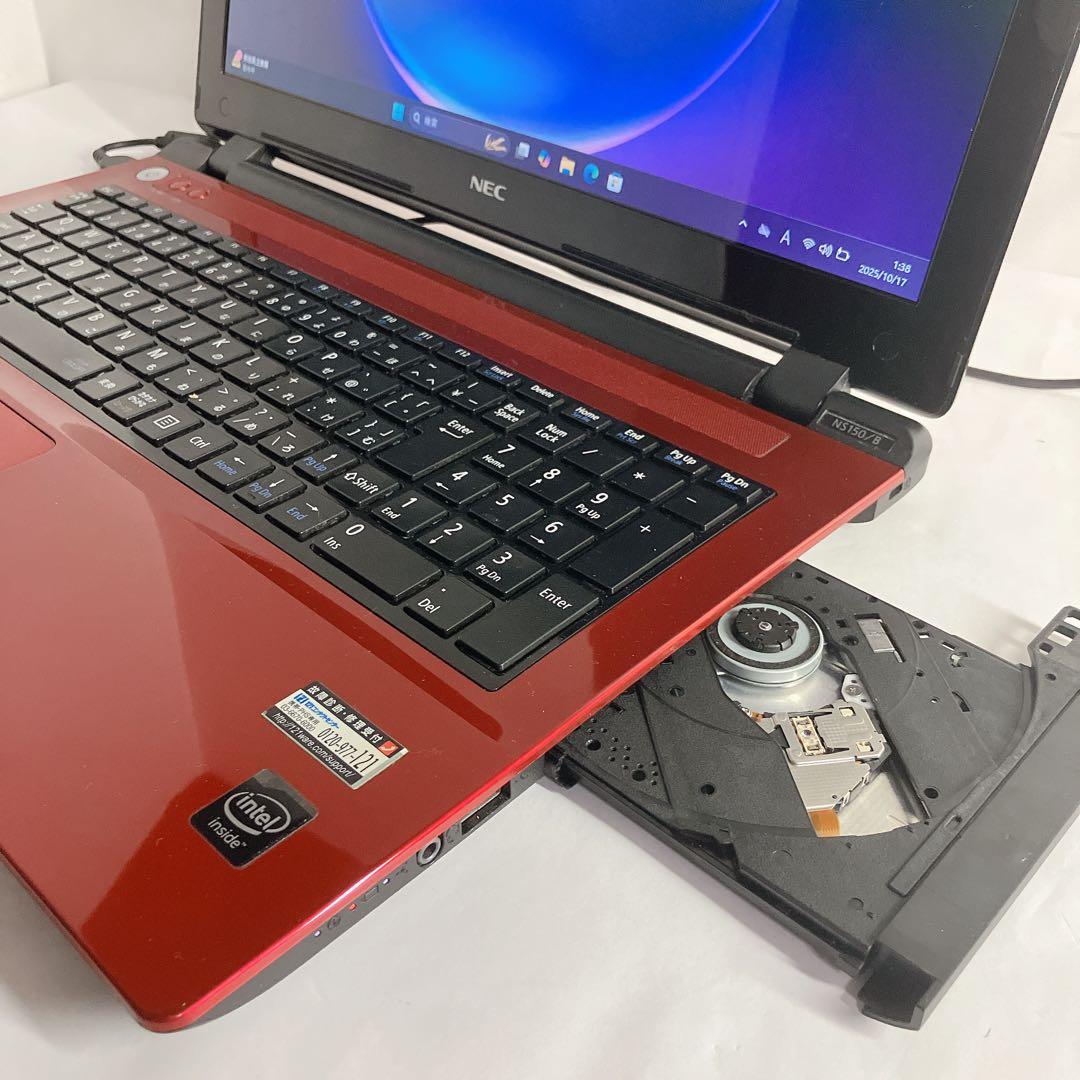 人気レッド　win11　大容量１TB　LAVIE カメラdvd搭載　ノートPC