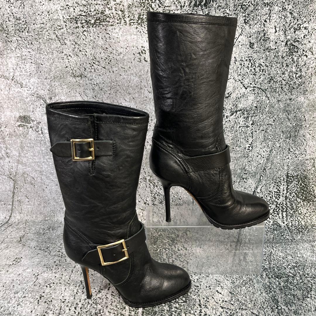 美品 ジミーチュウ エンジニアブーツ ピンヒール ブラック レザー バックル