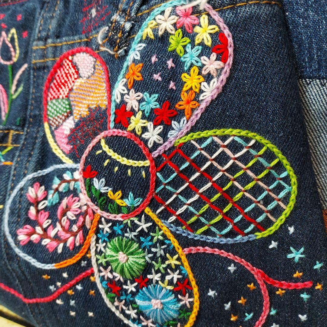 刺繍デニムバック　No.659　デニムリメイク　刺繍バック　サイドポケット
