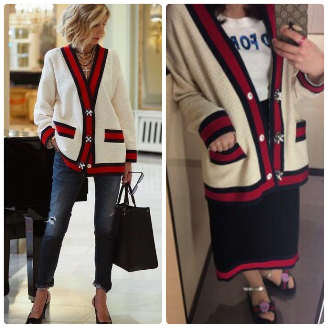 美品 グッチ 40 ツイード カーディガン ウェブ パール ビジュー ジャケット