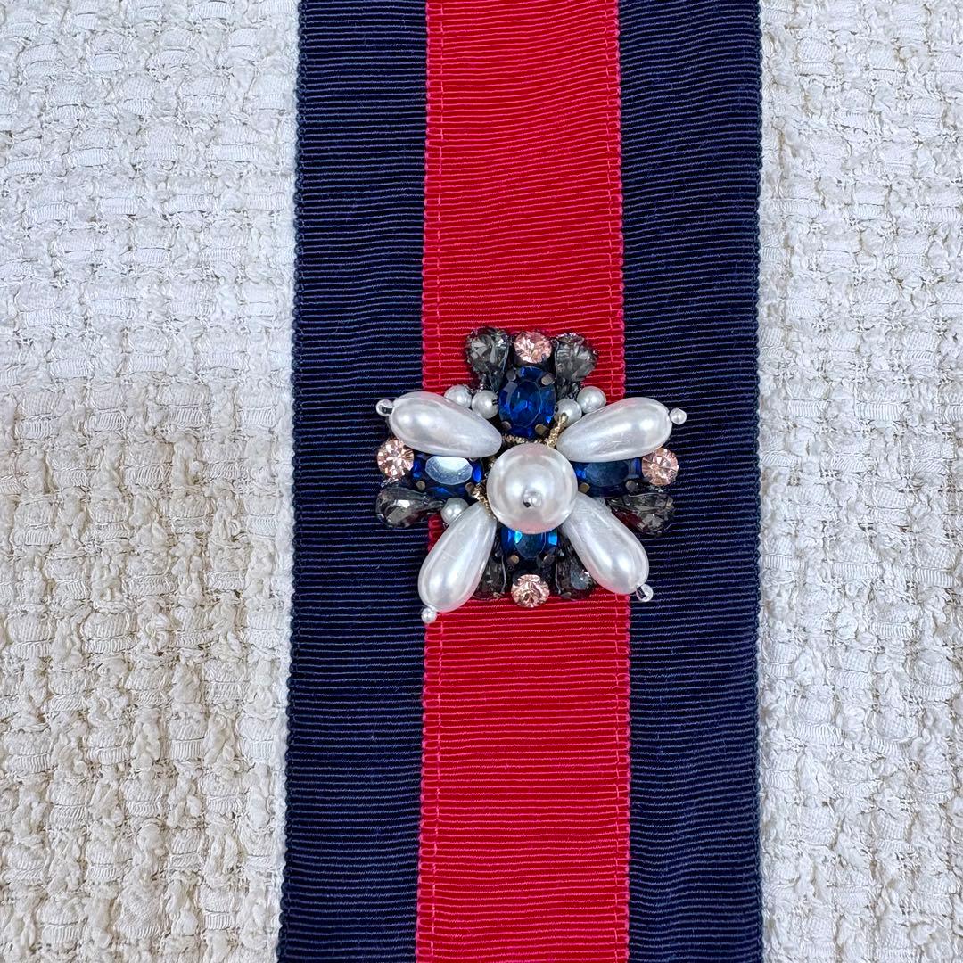 美品 グッチ 40 ツイード カーディガン ウェブ パール ビジュー ジャケット