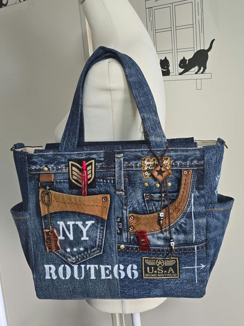 デニムリメイクトートバッグ 大きめ 上部ファスナー ＆サコッシュ 本革使用