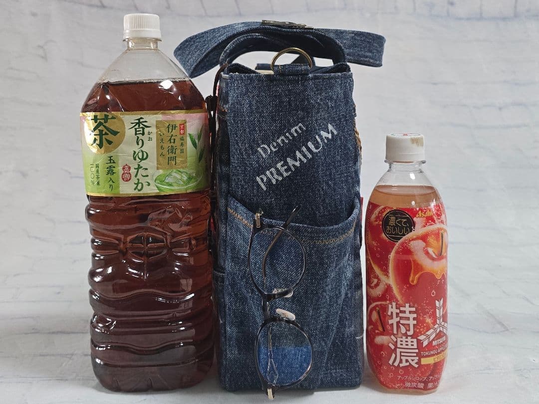 デニムリメイクトートバッグ 大きめ 上部ファスナー ＆サコッシュ 本革使用