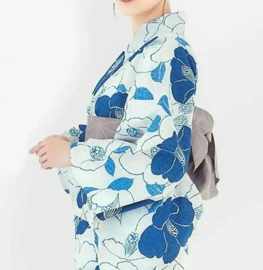 おまかせ半幅帯、おすすめ下駄、帯どめセット◆◆最高級【綿麻浴衣】碧青椿の上品