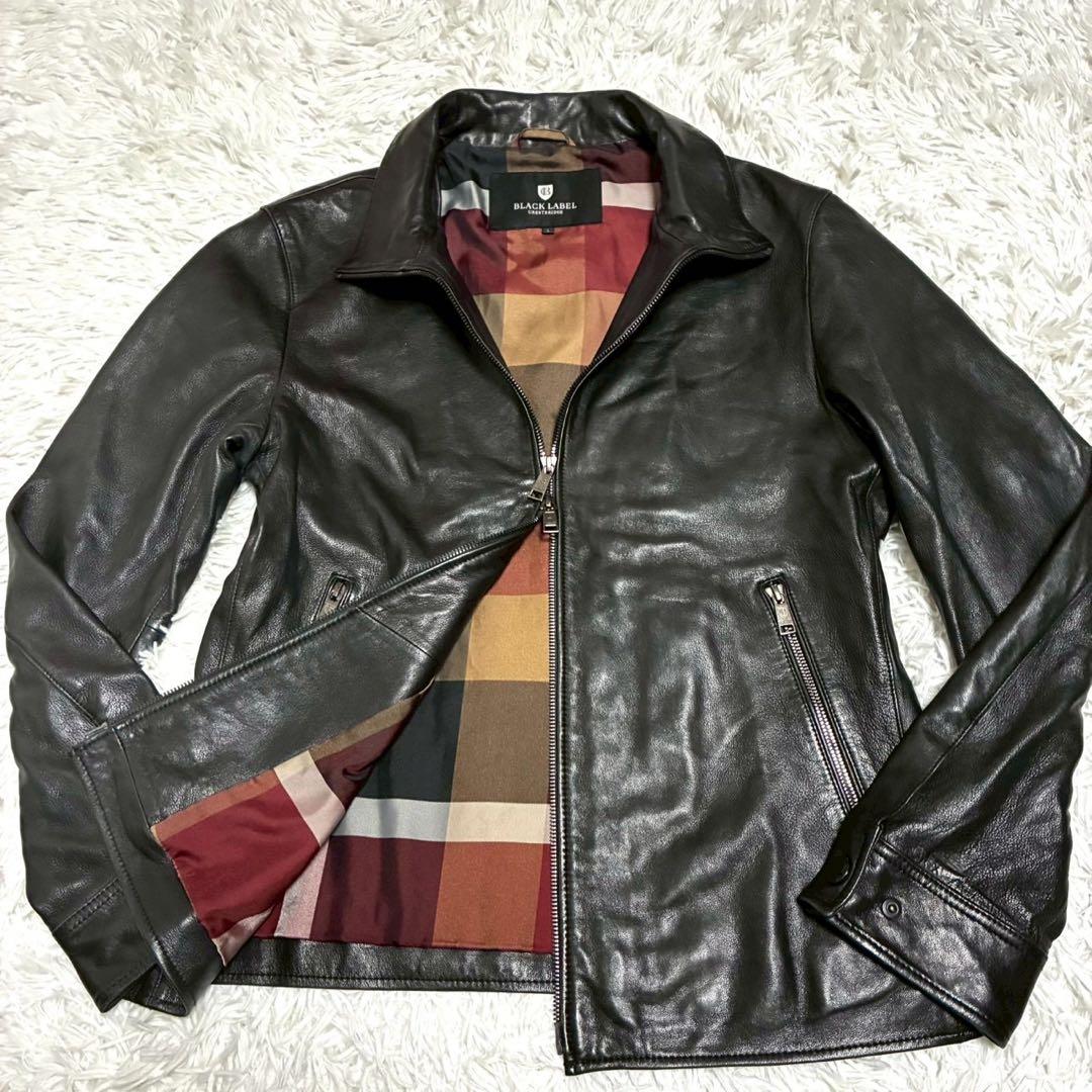 美品/L⭐️ブラックレーベルクレストブリッジ　レザージャケット　艶感　チェック　黒