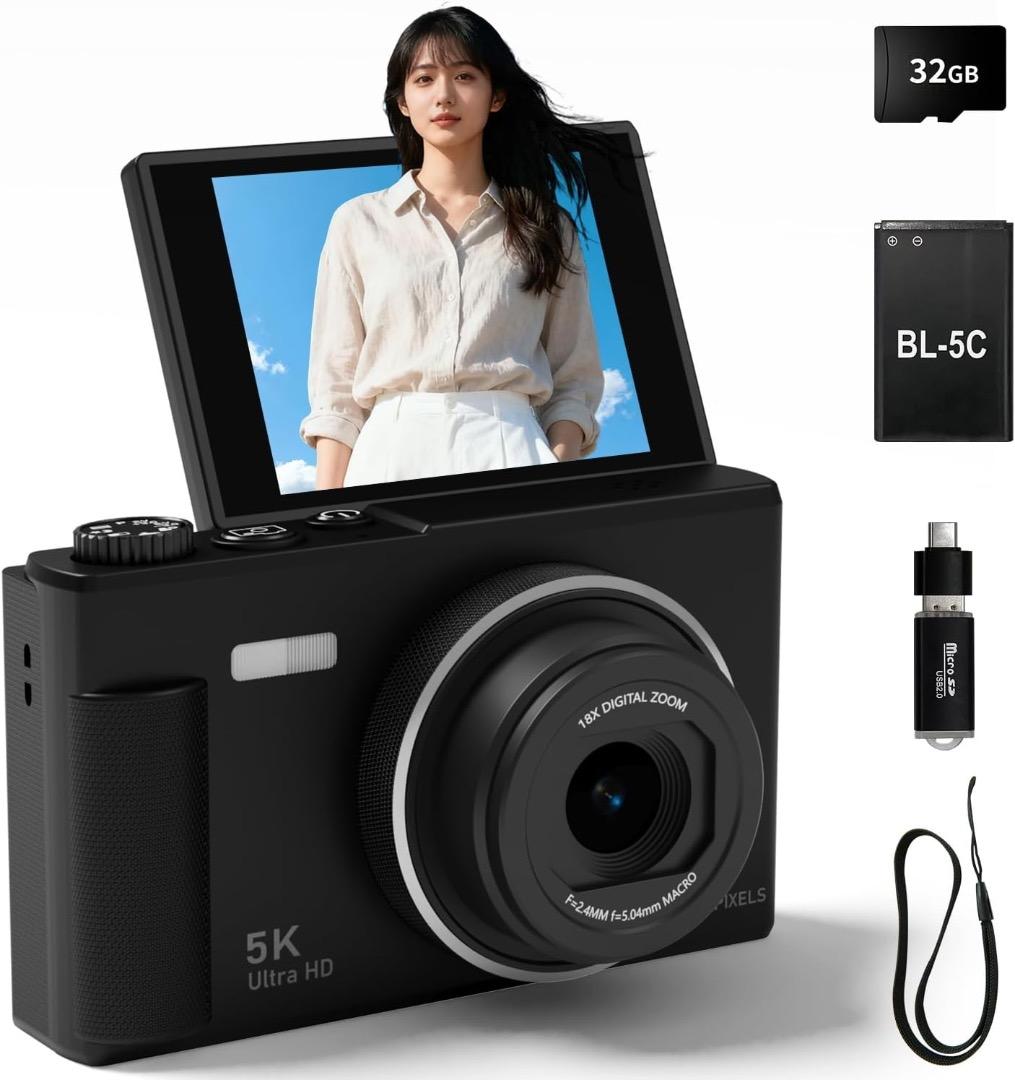 ✨人気✨デジカメ 5K 7500万画素 デジタルカメラ 180度回転可能32GB