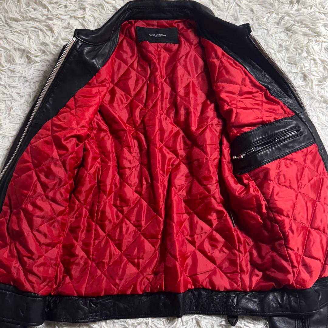 ナノユニバース　シングルライダース　ラムレザー　黒 赤　キルティング　メンズL