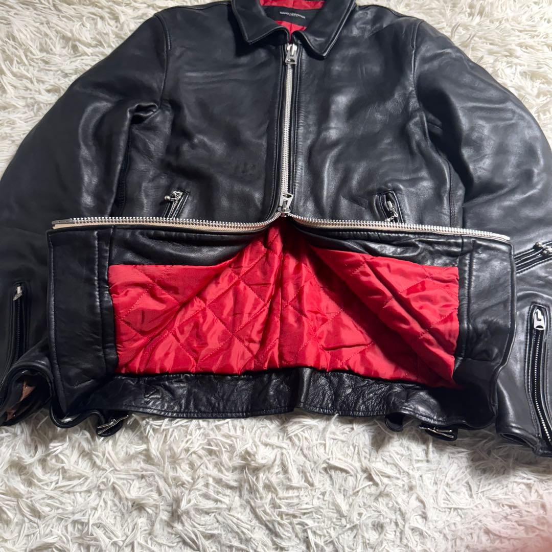 ナノユニバース　シングルライダース　ラムレザー　黒 赤　キルティング　メンズL