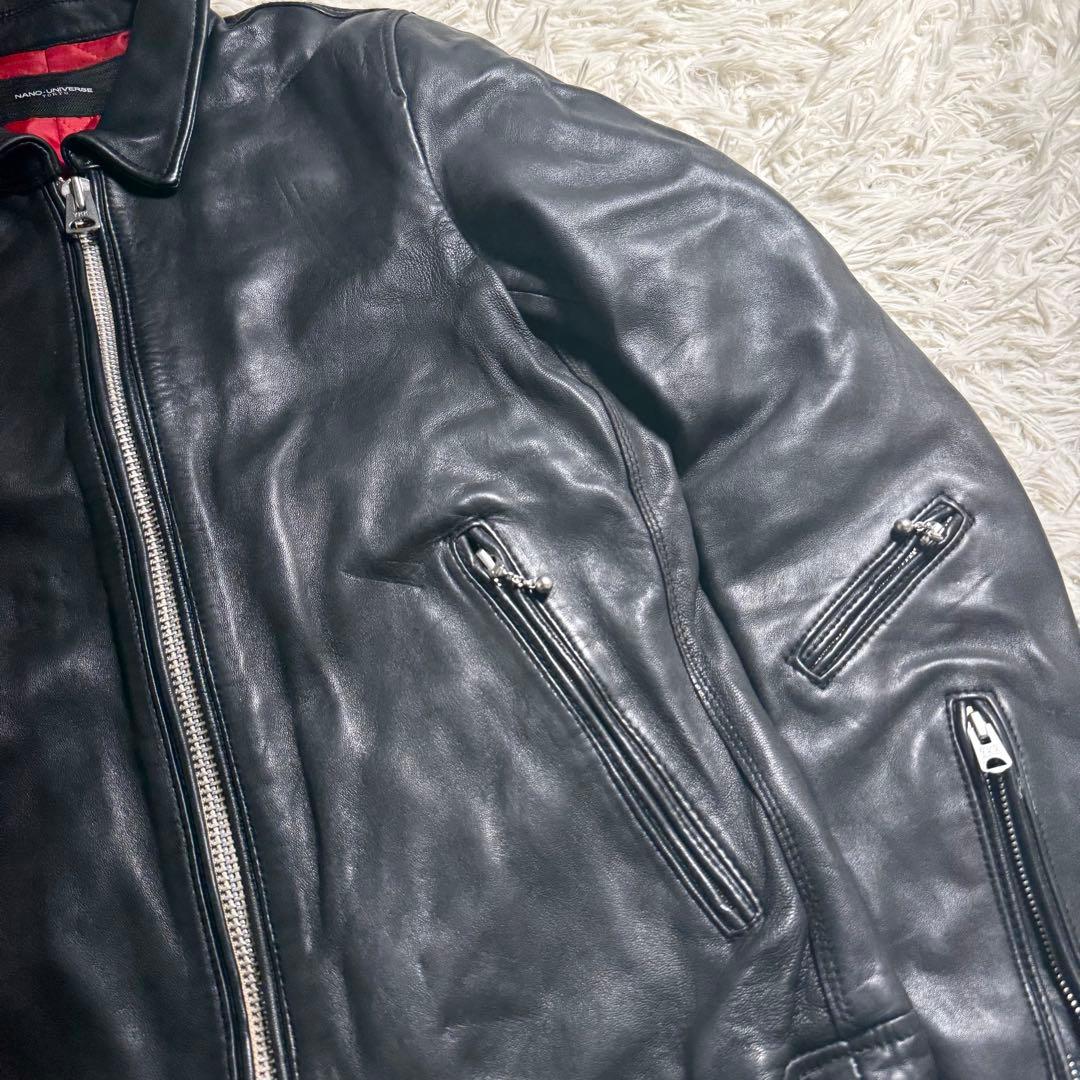 ナノユニバース　シングルライダース　ラムレザー　黒 赤　キルティング　メンズL