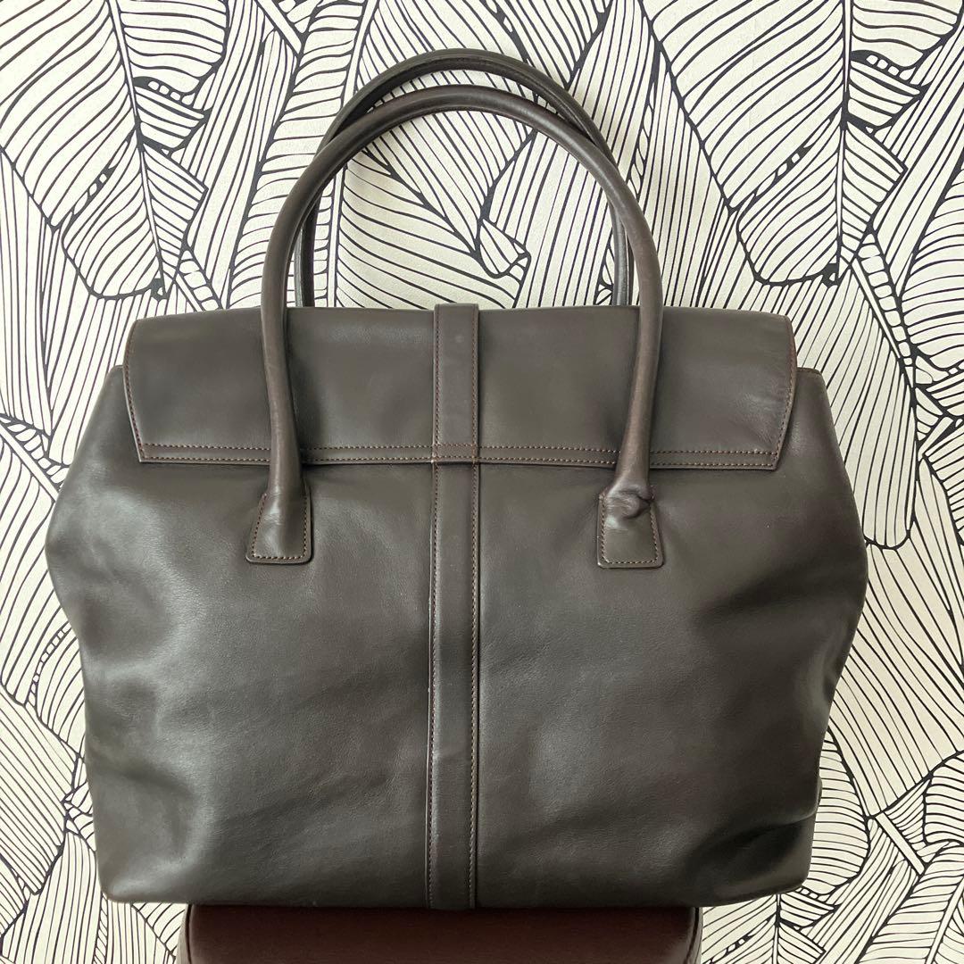 シャネルターンロックラムスキンボストンショルダービジネスバッグ大ブラウン