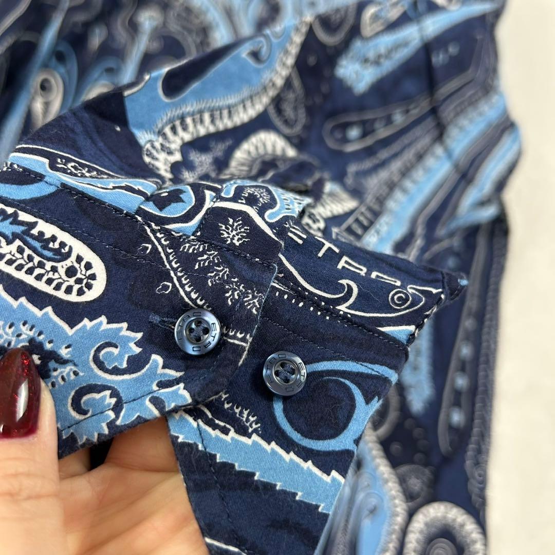 K557 美品 S エトロ イタリア製 ペイズリー 長袖 シャツ ブルー メンズ
