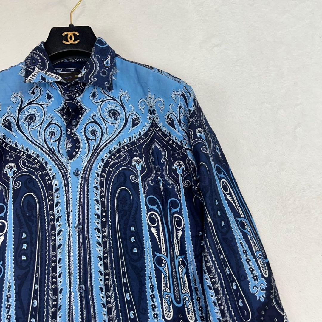 K557 美品 S エトロ イタリア製 ペイズリー 長袖 シャツ ブルー メンズ