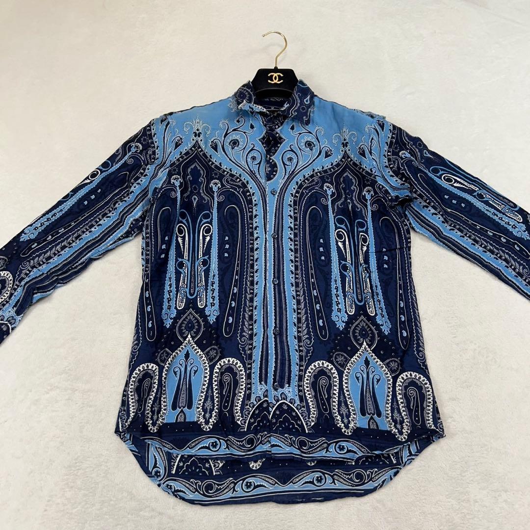 K557 美品 S エトロ イタリア製 ペイズリー 長袖 シャツ ブルー メンズ