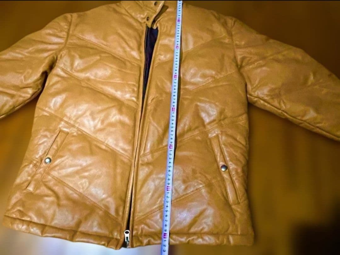 【新品同様】キャメル レザーダウンジャケット リブ袖 Lサイズ