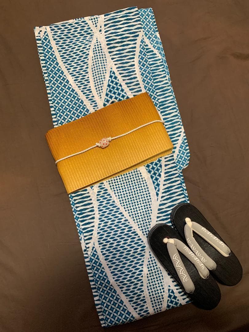 画像の帯の色違い 赤グラデ 帯付き◆◆ノー皺加工最高級カルキュロ◆碧玉波浴衣