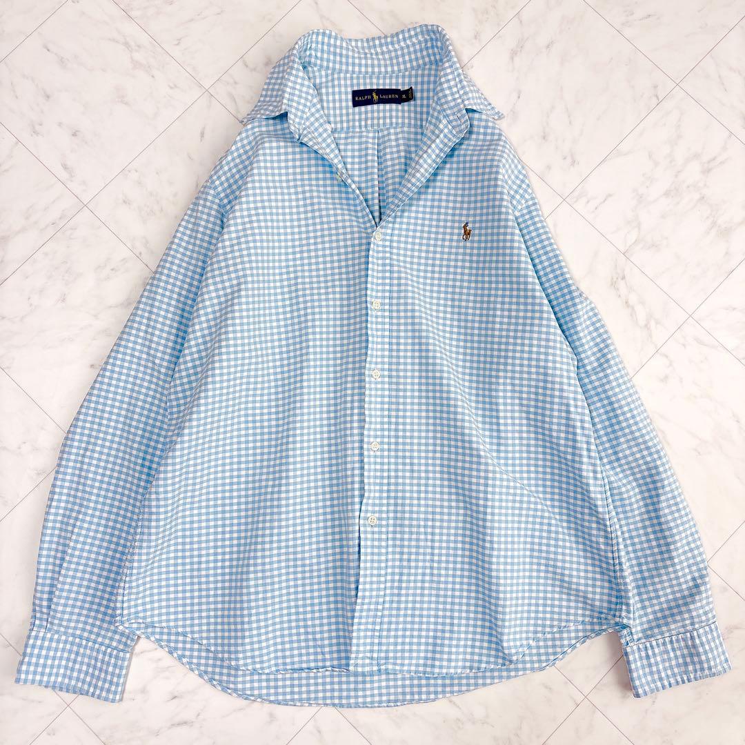 【ラルフローレン】オックスフォードシャツ　長袖　チェック　ポニーロゴ　水色