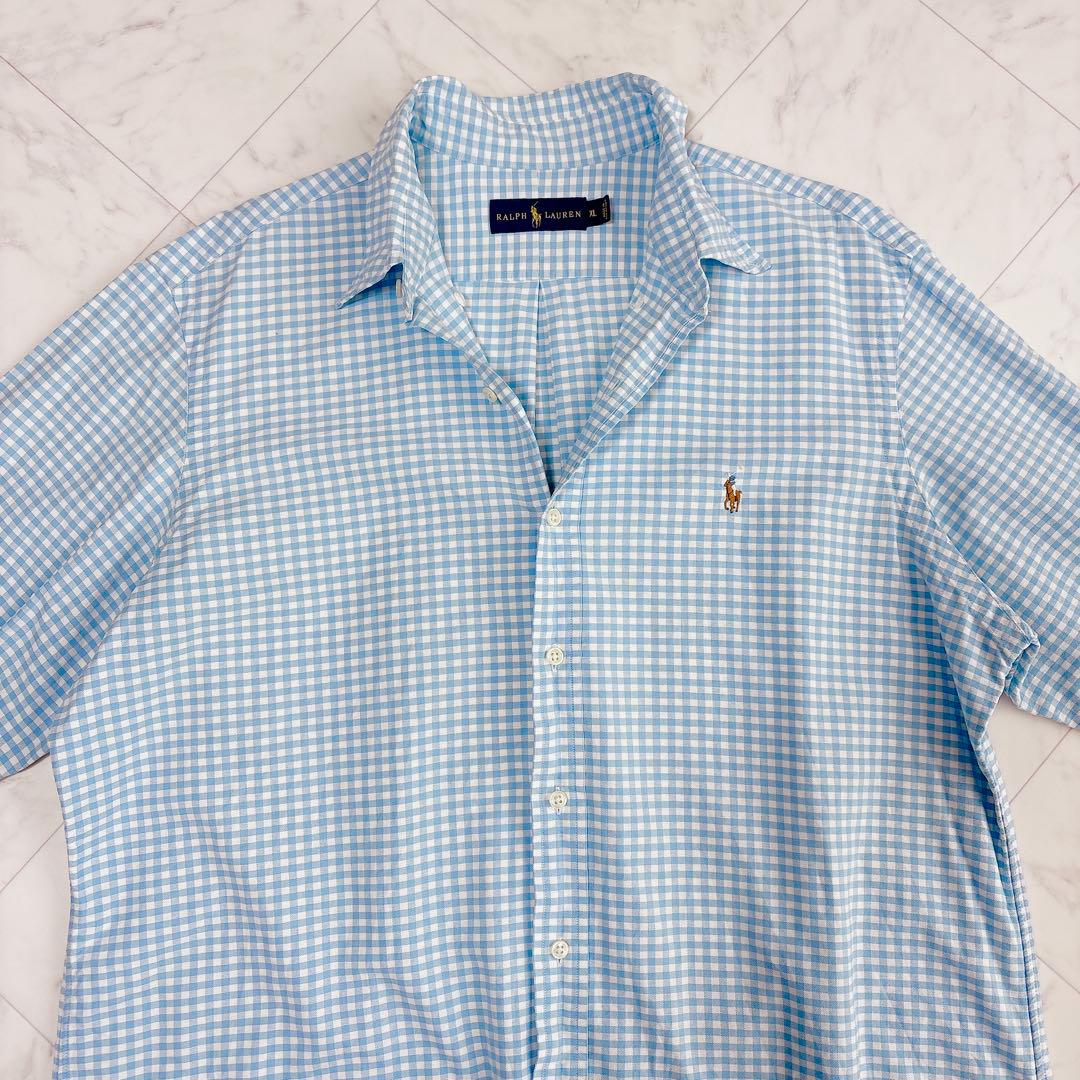 【ラルフローレン】オックスフォードシャツ　長袖　チェック　ポニーロゴ　水色