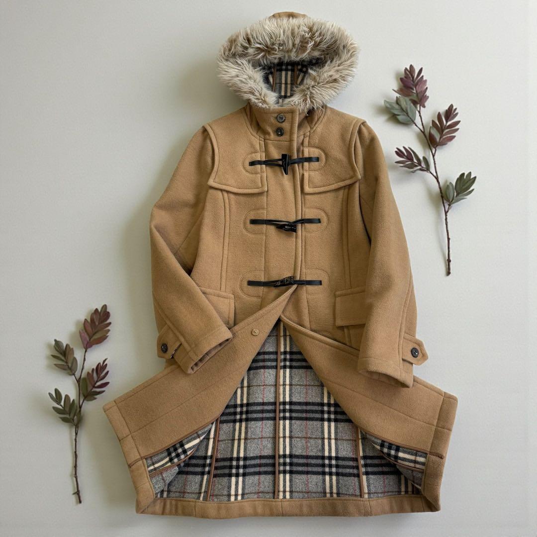 【バーバリーブルーレーベル】ダッフルコート　ロング　ファー　ノバチェック　茶