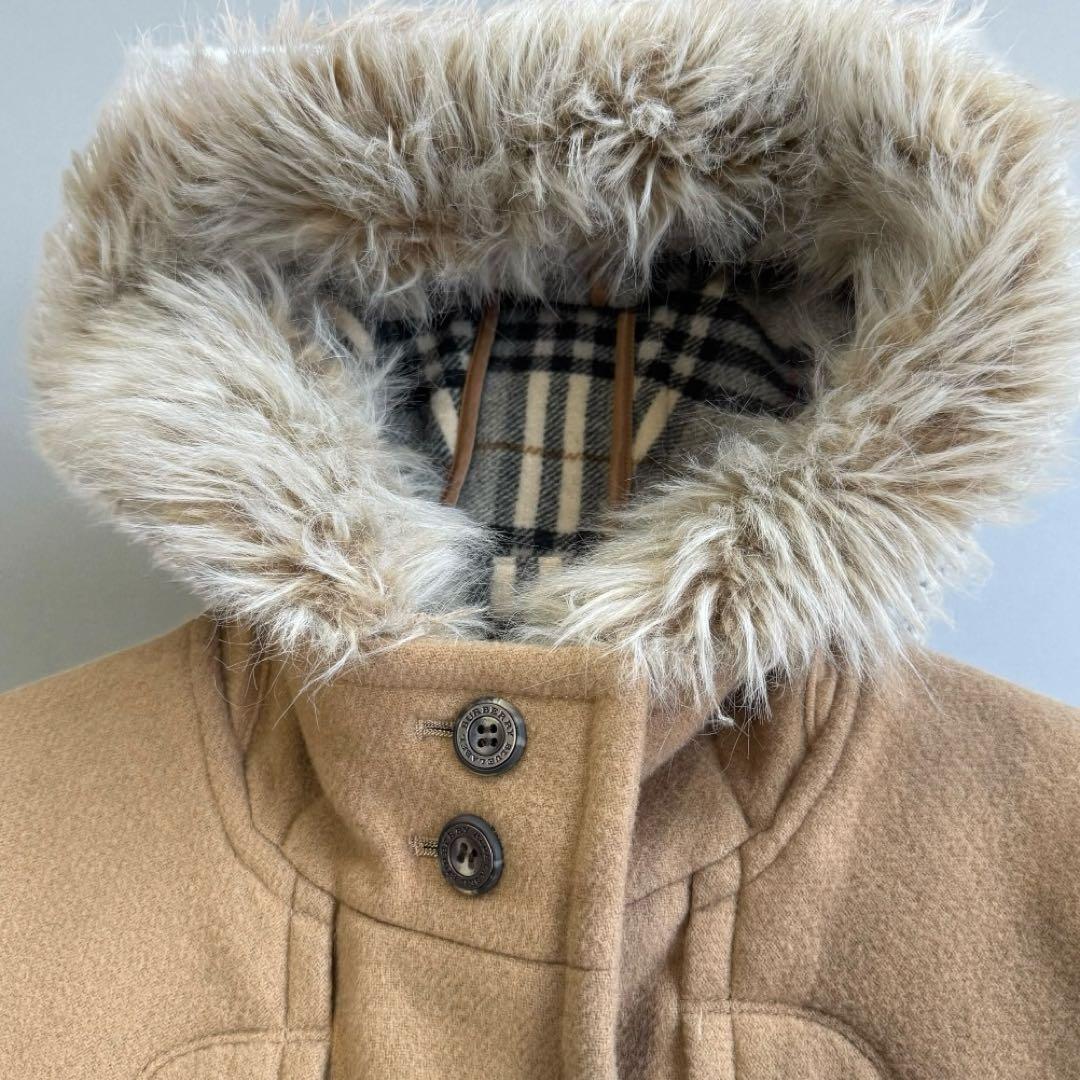 【バーバリーブルーレーベル】ダッフルコート　ロング　ファー　ノバチェック　茶