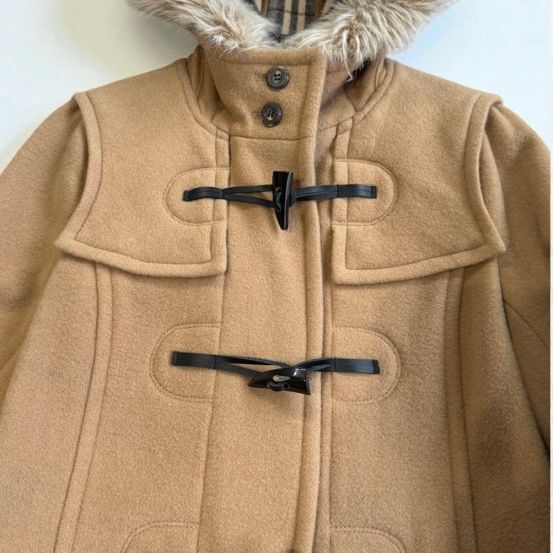 【バーバリーブルーレーベル】ダッフルコート　ロング　ファー　ノバチェック　茶