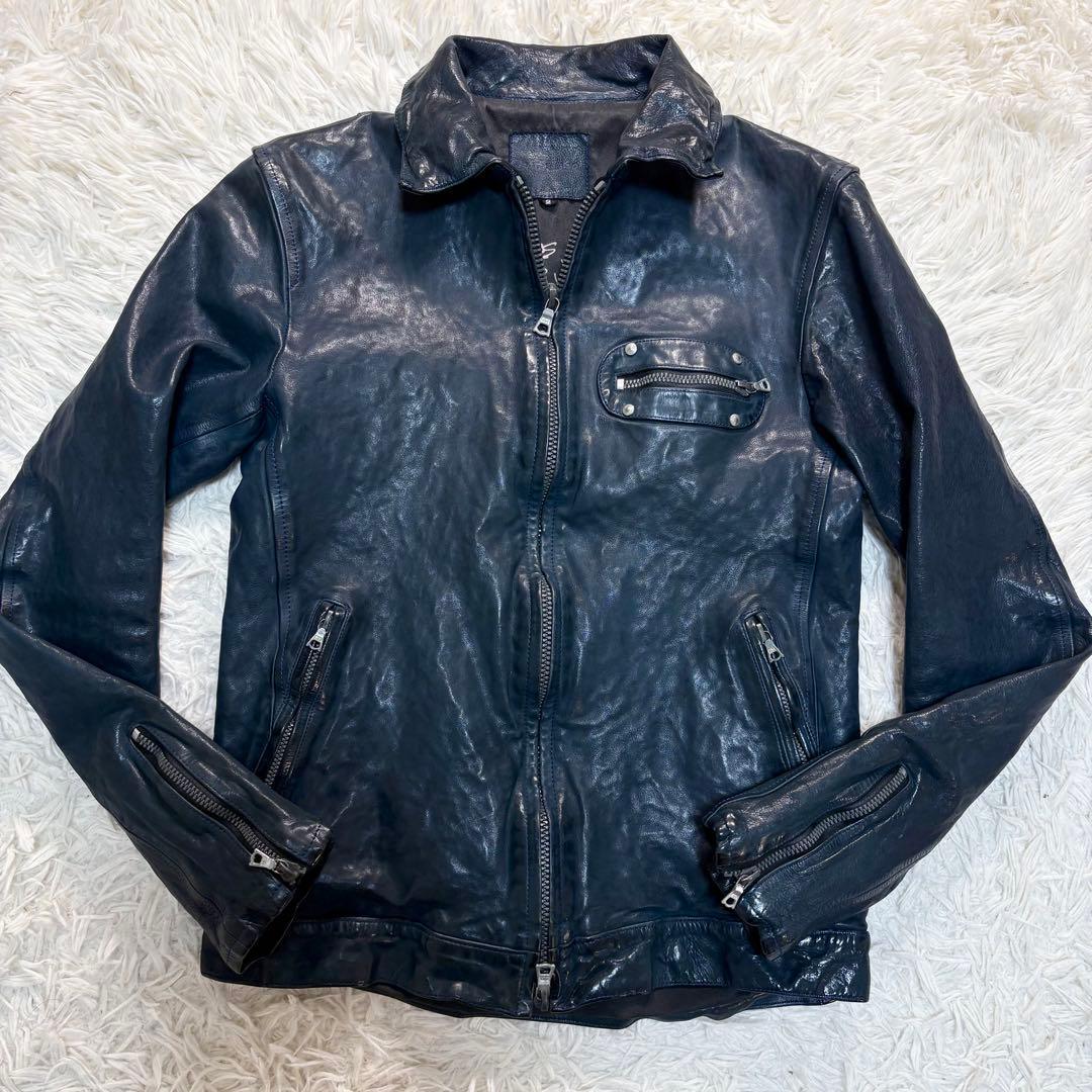 希少 バックラッシュ ドイツカーフ シングルライダースジャケット　ネイビー