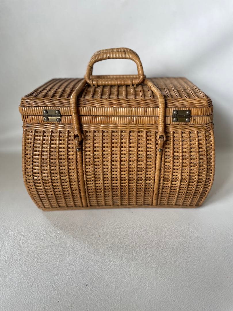 竹細工 竹編み細工 天然素材 手付き バスケット 籠 古民具 当時物 ピクニック