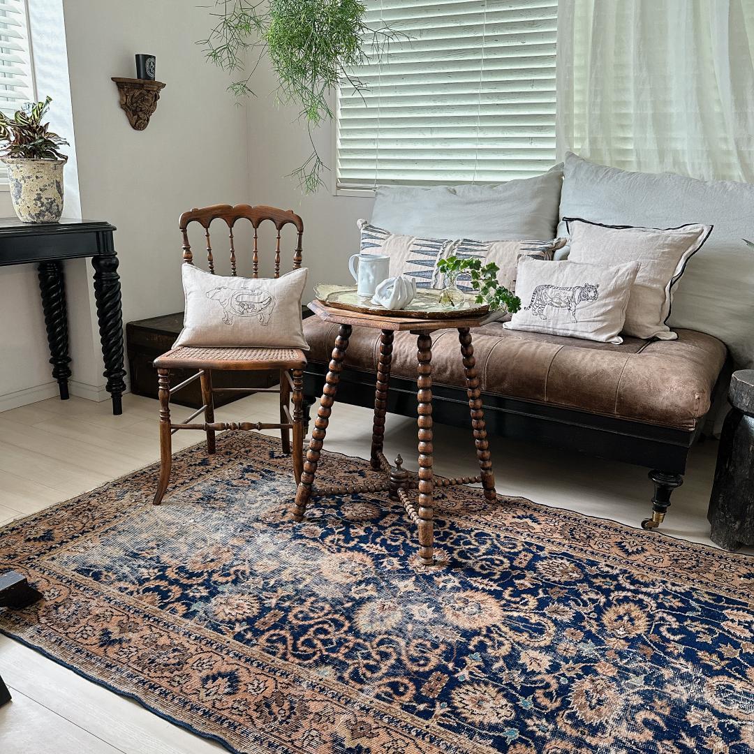 トルコ ヴィンテージラグ A30 レア ネイビー キャメル オレンジ ブルー