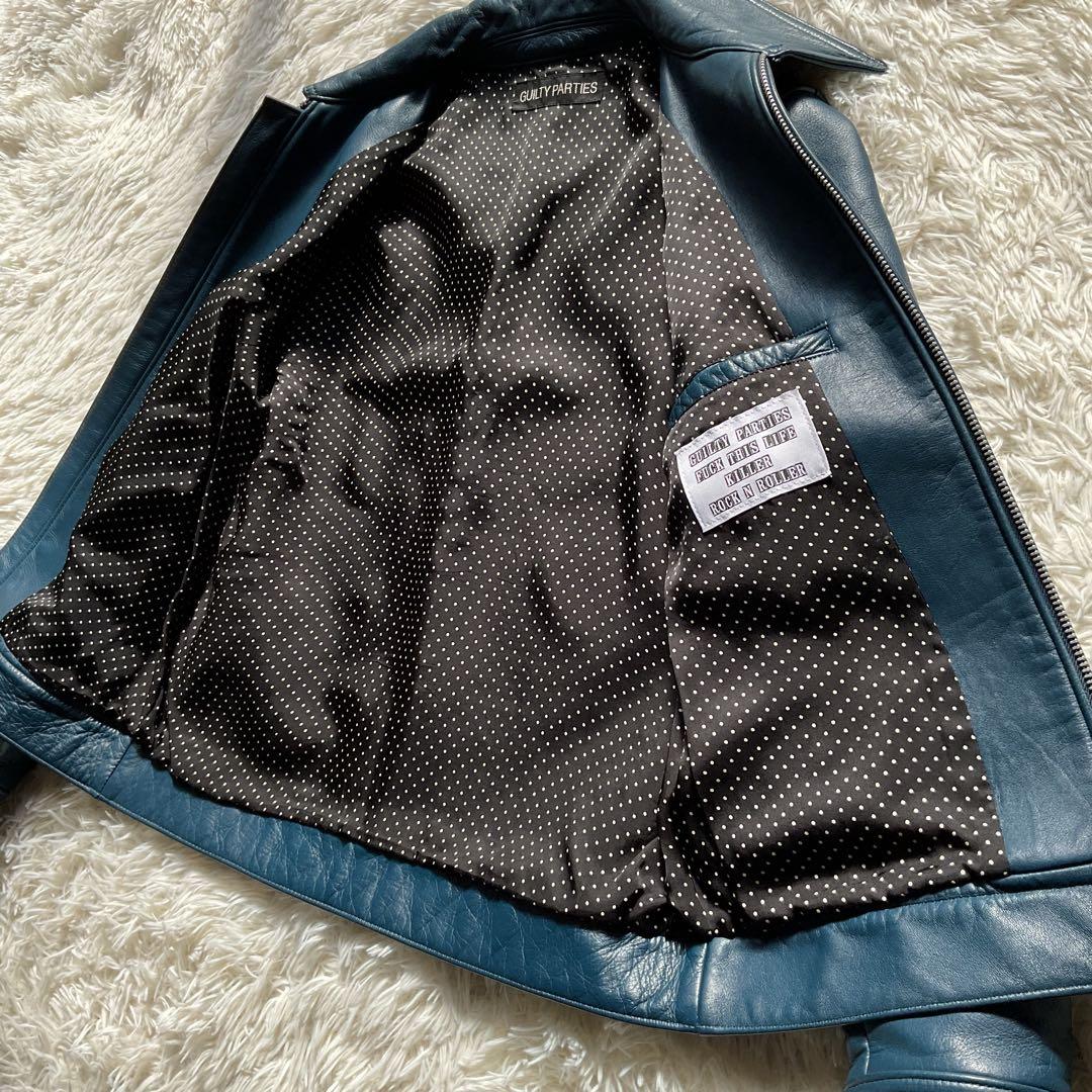 未使用級✨ワコマリア　レザージャケット　シングルライダース　ブルー　水玉柄　M