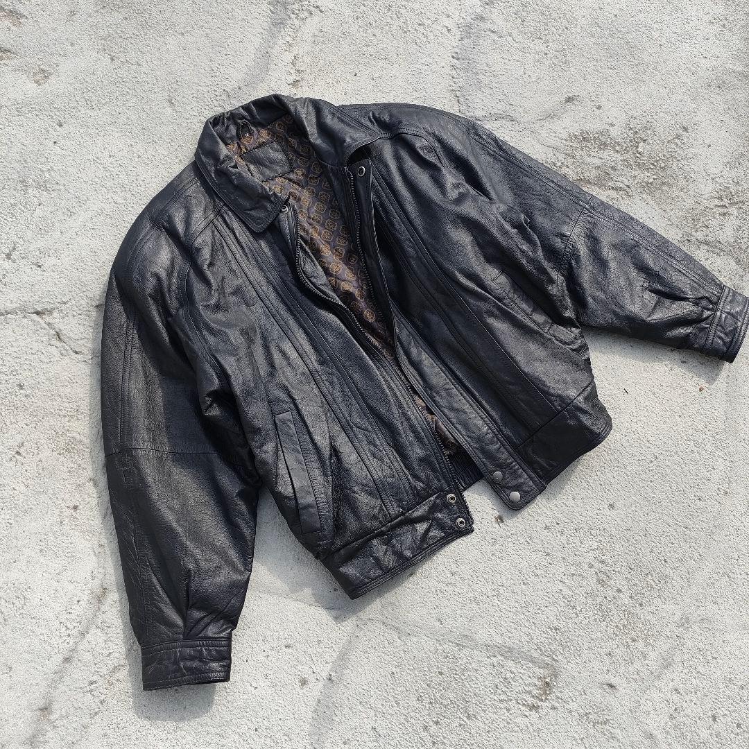 レザージャケット L相当 ブラック 本革 総柄裏地　ボンバージャケット