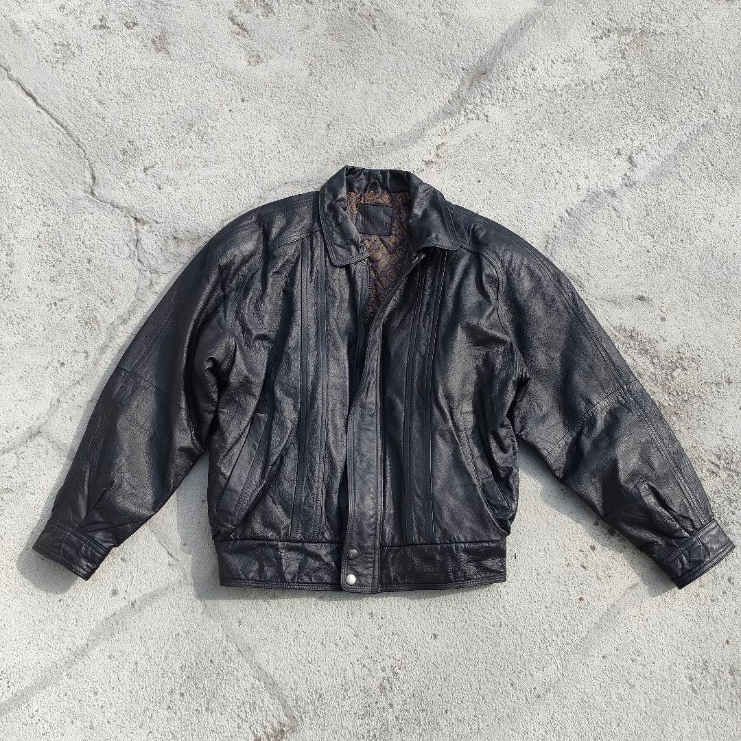 レザージャケット L相当 ブラック 本革 総柄裏地　ボンバージャケット
