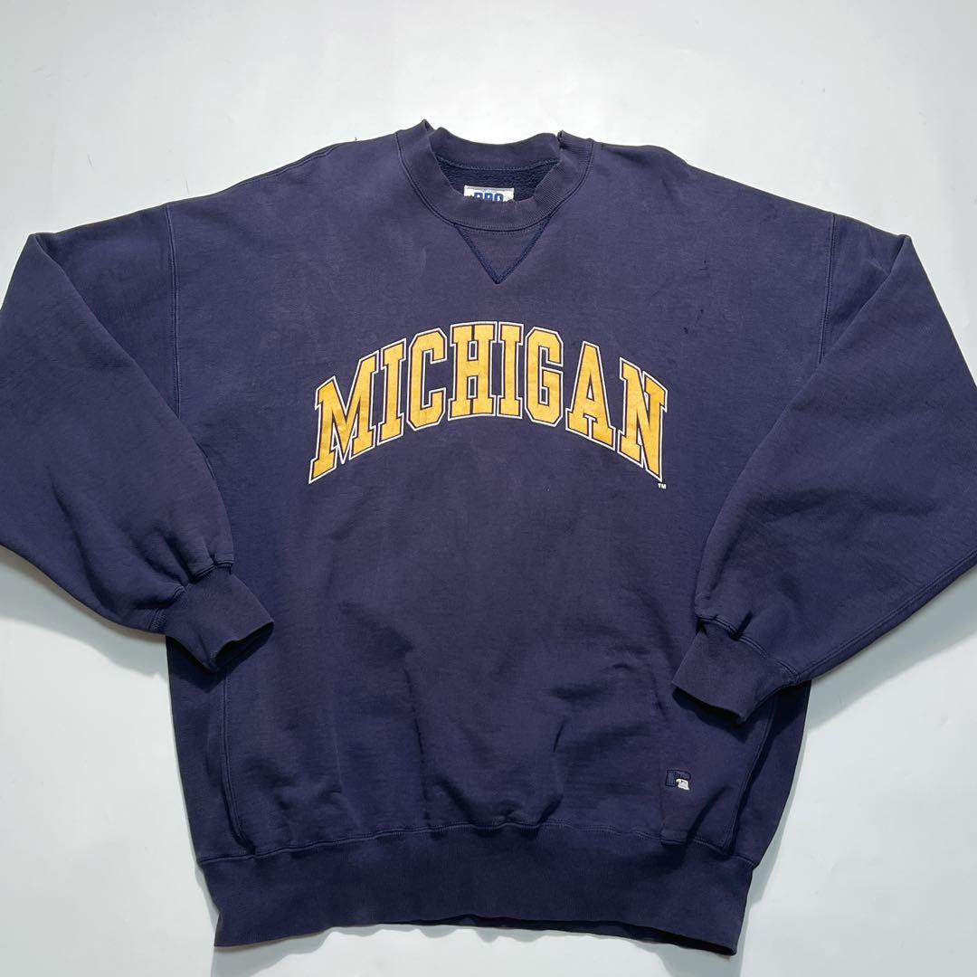 90s ラッセル USA製 リバースウィーブ型 ナス紺 ミシガン 前V 7668