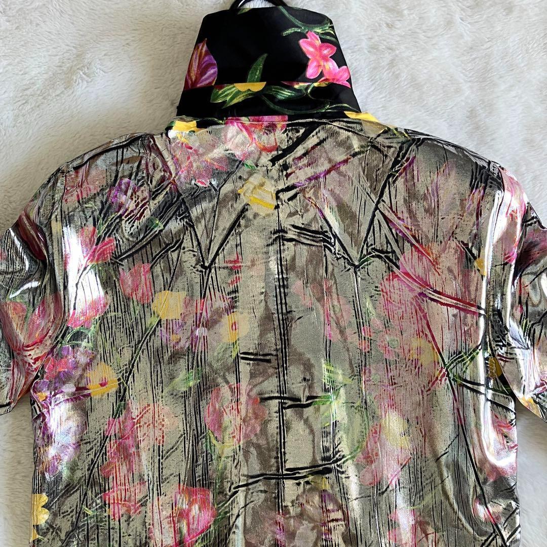 新品 グッチ 18SS シルク総花柄 ラミネート加工 長袖シャツ 38 シルバー