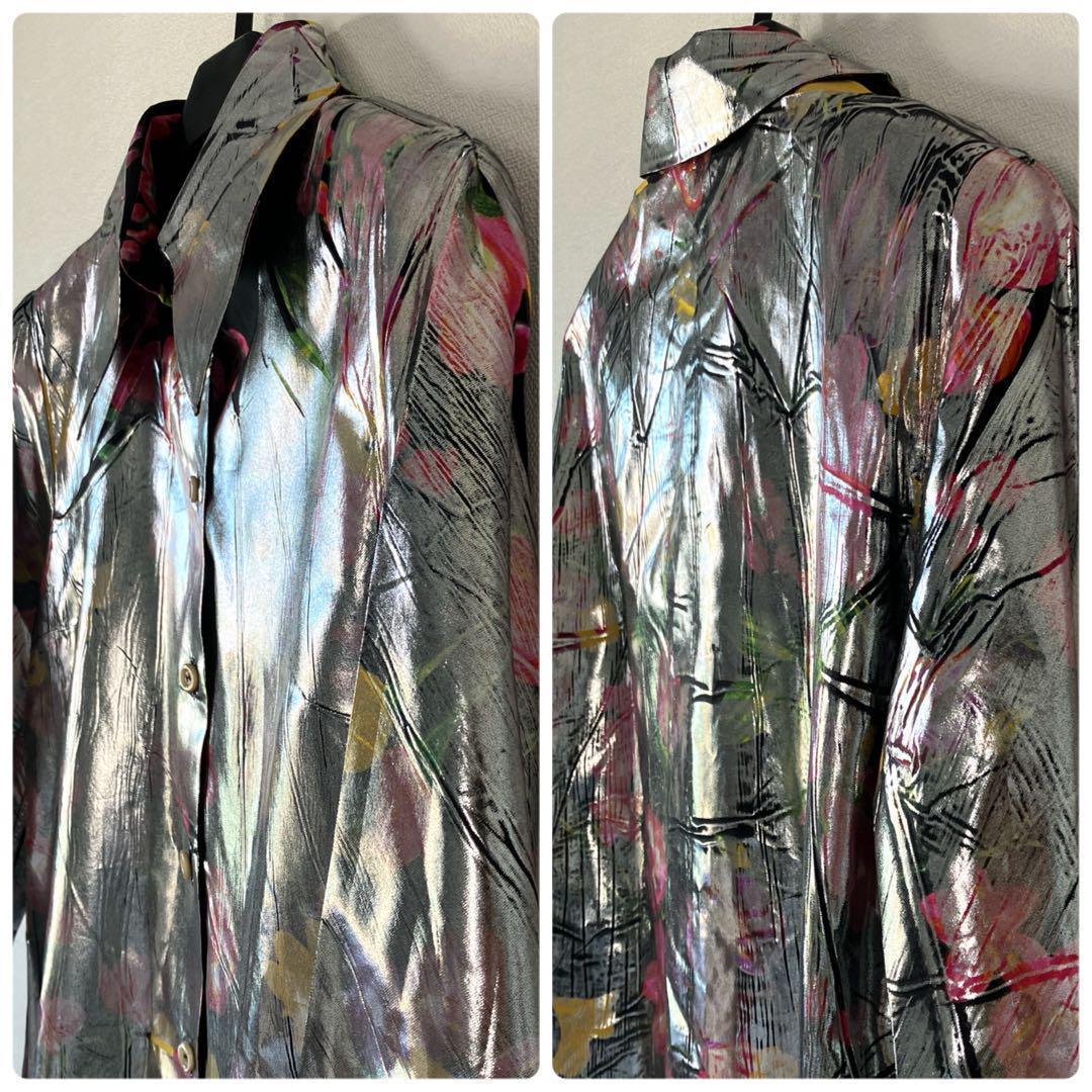 新品 グッチ 18SS シルク総花柄 ラミネート加工 長袖シャツ 38 シルバー