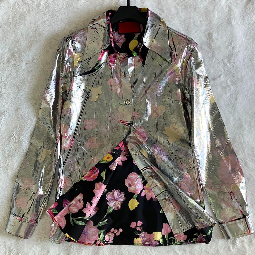 新品 グッチ 18SS シルク総花柄 ラミネート加工 長袖シャツ 38 シルバー