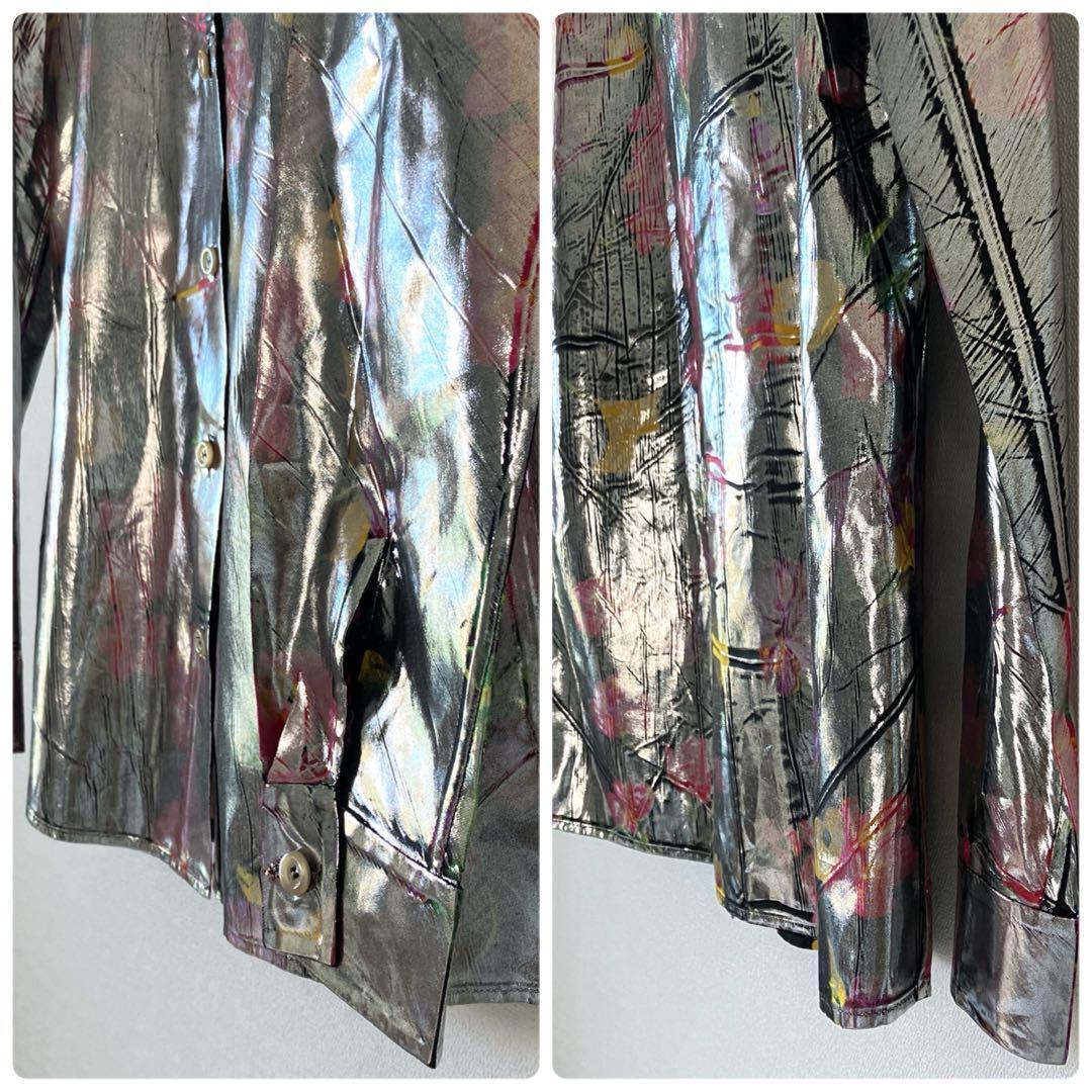 新品 グッチ 18SS シルク総花柄 ラミネート加工 長袖シャツ 38 シルバー