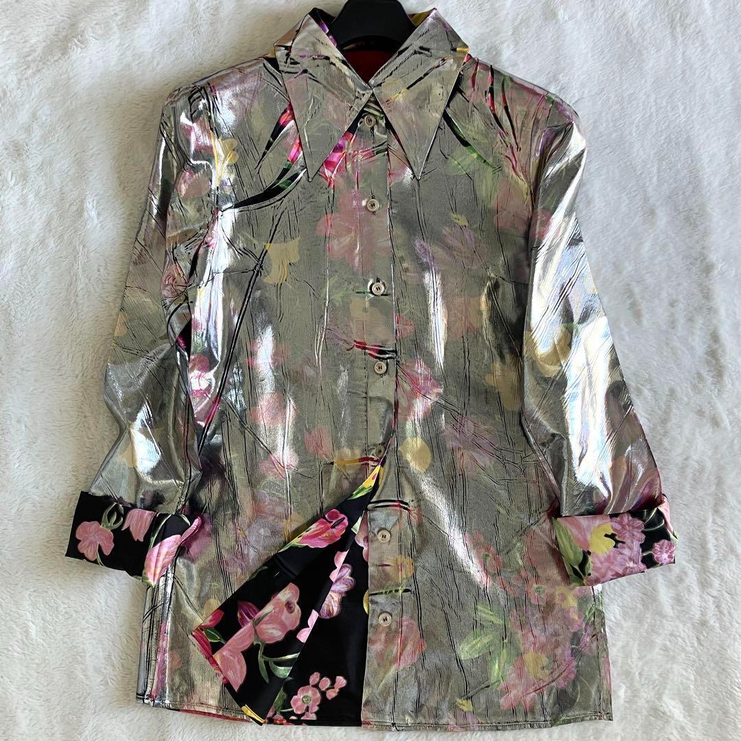 新品 グッチ 18SS シルク総花柄 ラミネート加工 長袖シャツ 38 シルバー