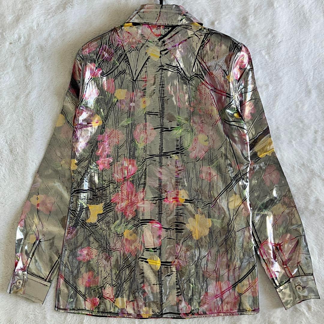 新品 グッチ 18SS シルク総花柄 ラミネート加工 長袖シャツ 38 シルバー