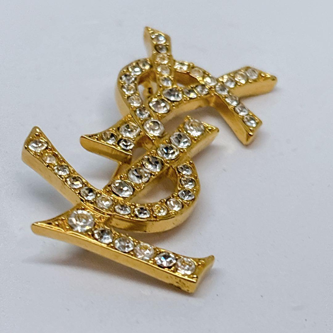 YSL イヴサンローラン ゴールド ラインストーン ロゴ ブローチ
