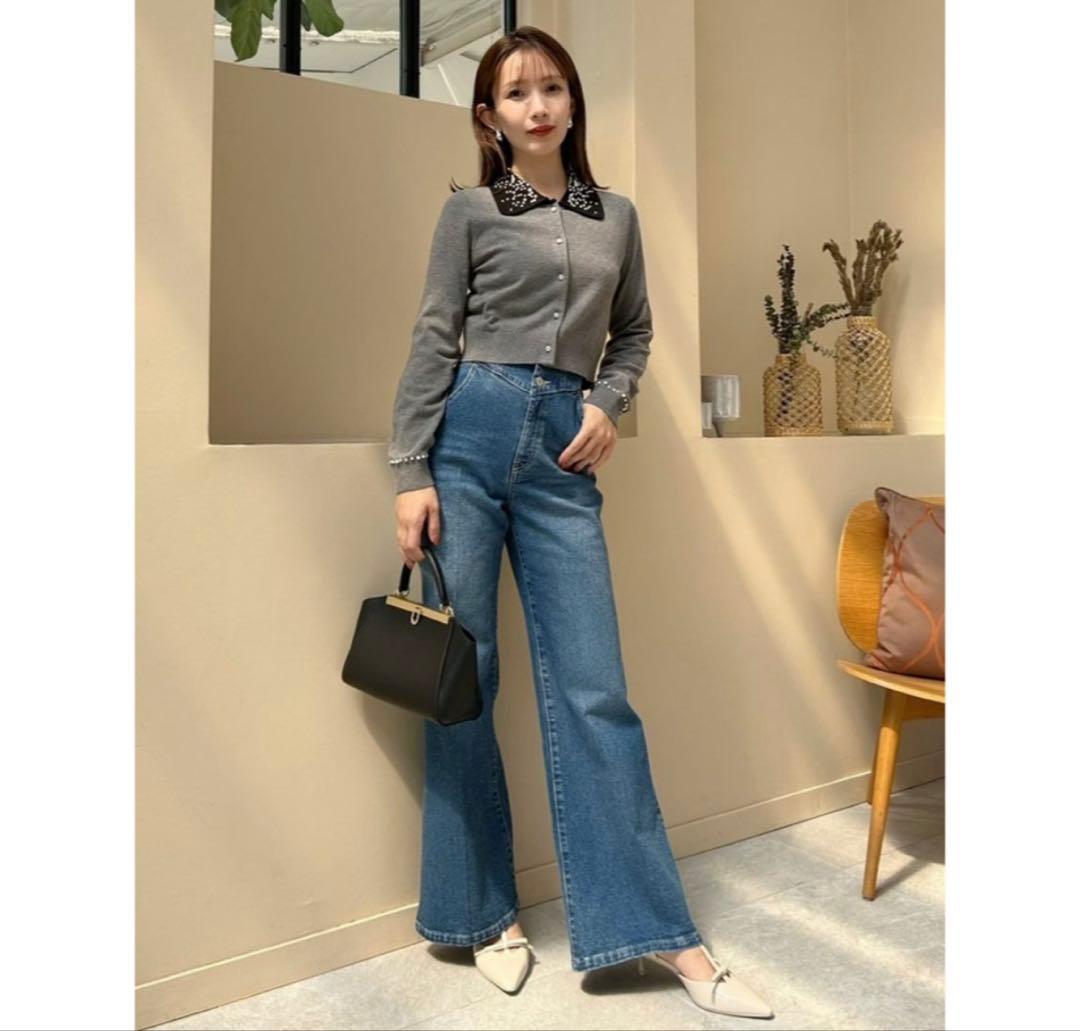 【美品】SNIDEL スナイデル ビジューカラーニットカーディガン GRY