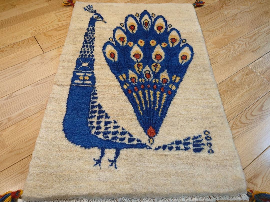 【夏のキャンペーン】ペルシャ　ギャッベ　玄関　90×60 アイボリー　孔雀