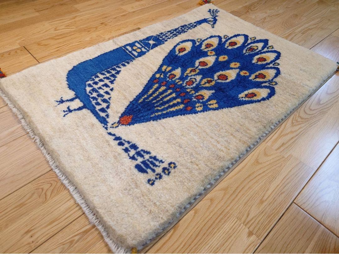 【夏のキャンペーン】ペルシャ　ギャッベ　玄関　90×60 アイボリー　孔雀