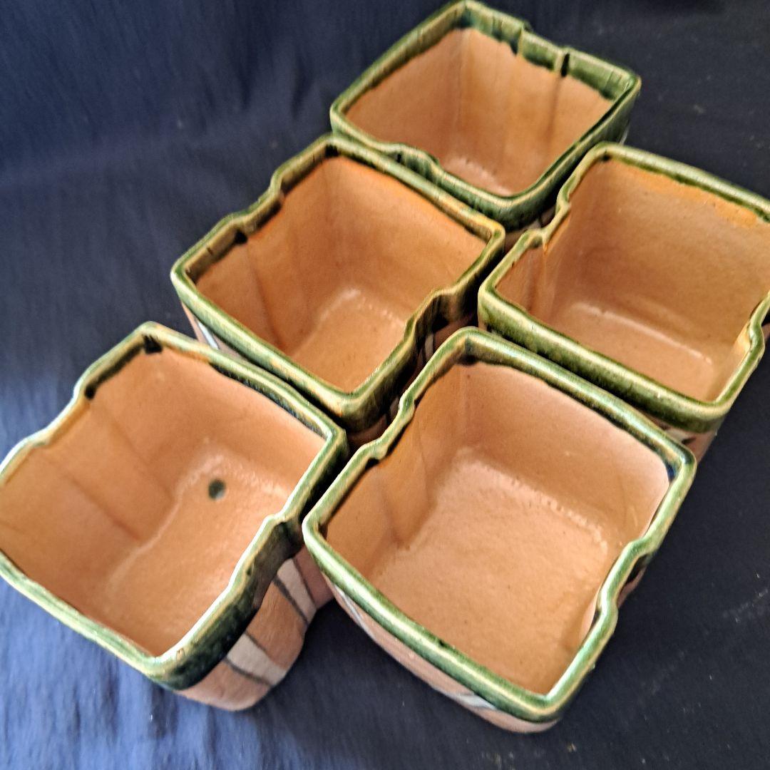 「モダンな織部(おりべ)！」 織部焼向付(むこうづけ)幅8cm 5客セット 骨