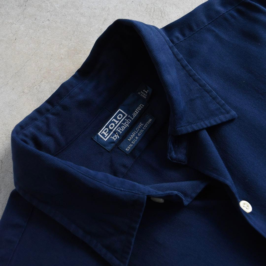 90s ラルフローレン MARLOWE 完全無地 長袖シャツシルク混 ネイビーL