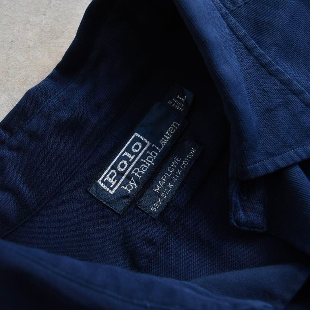 90s ラルフローレン MARLOWE 完全無地 長袖シャツシルク混 ネイビーL
