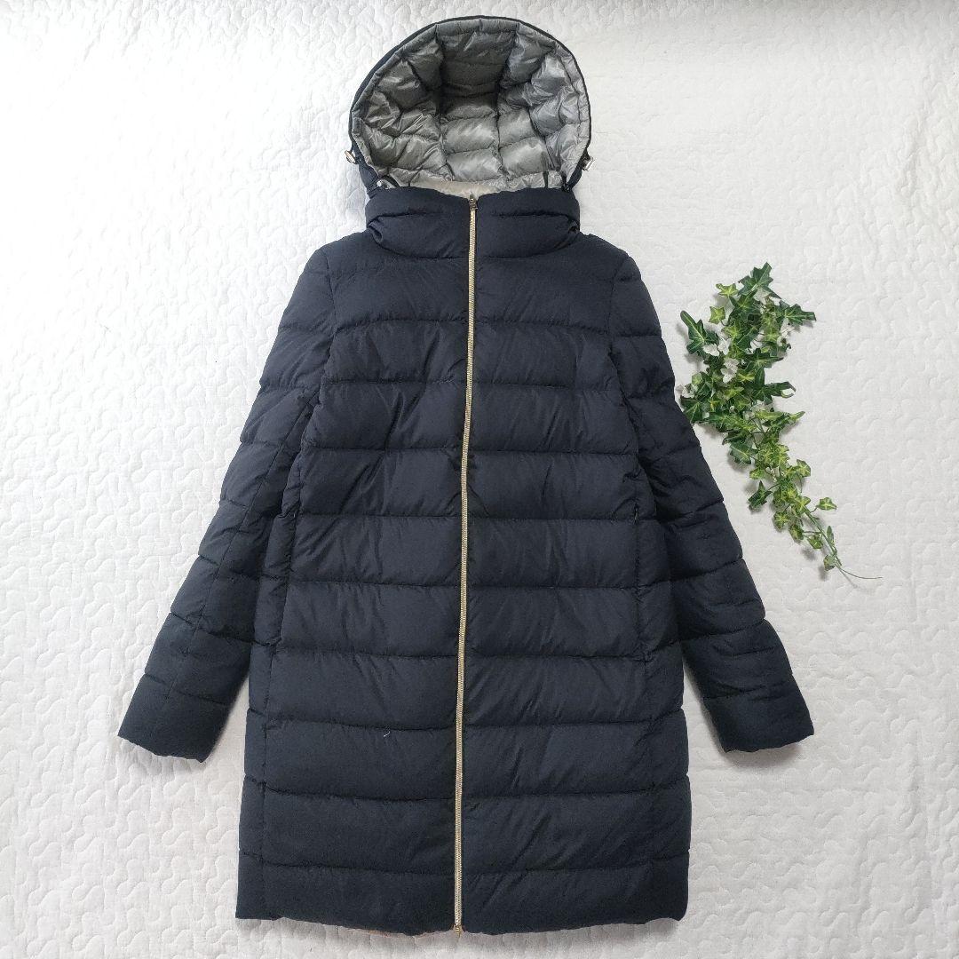 HERNO　ダウンコート　フード着脱可能　黒×グレー　42