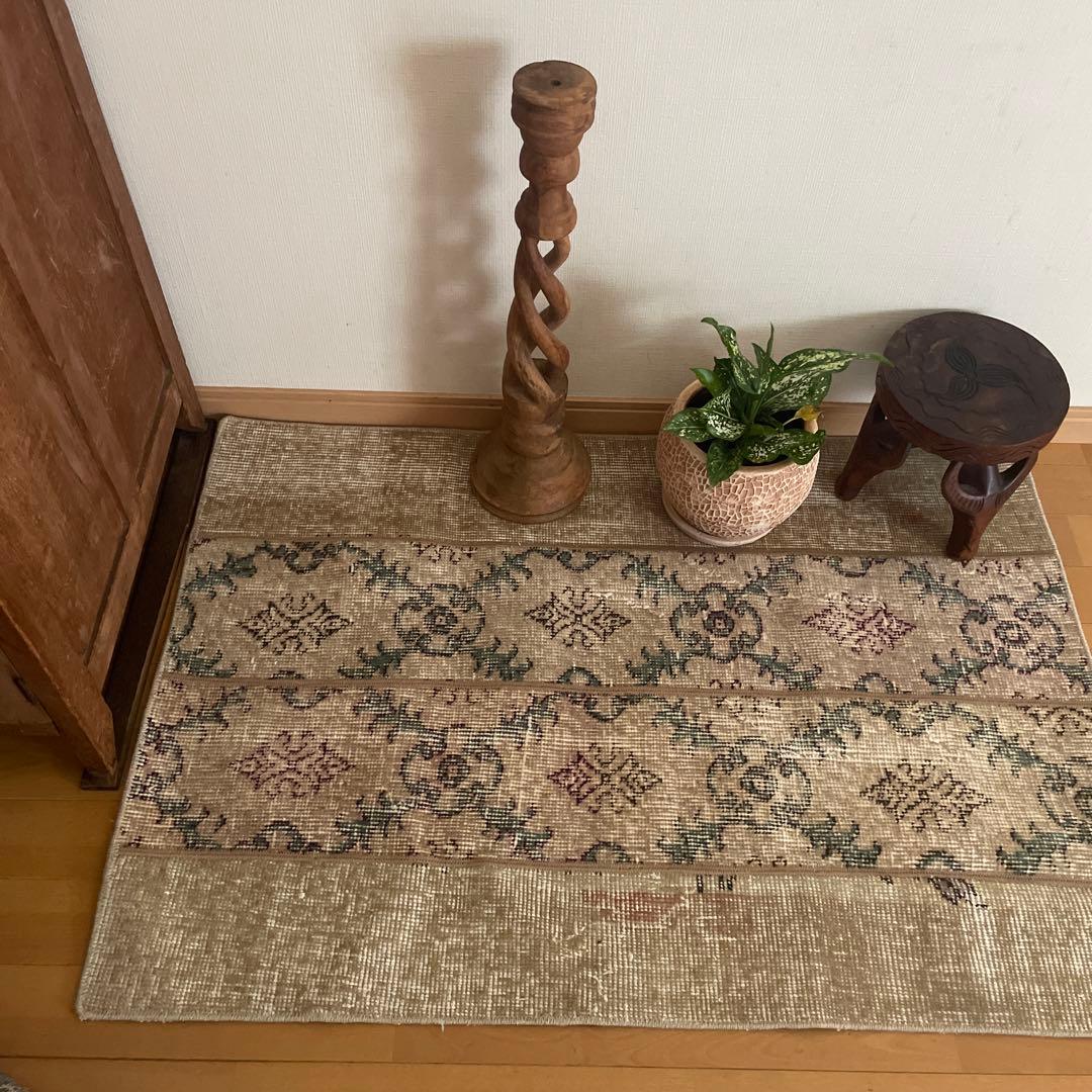 68.5×98 ベージュボタニカル　パッチワーク　トルコヴィンテージラグ