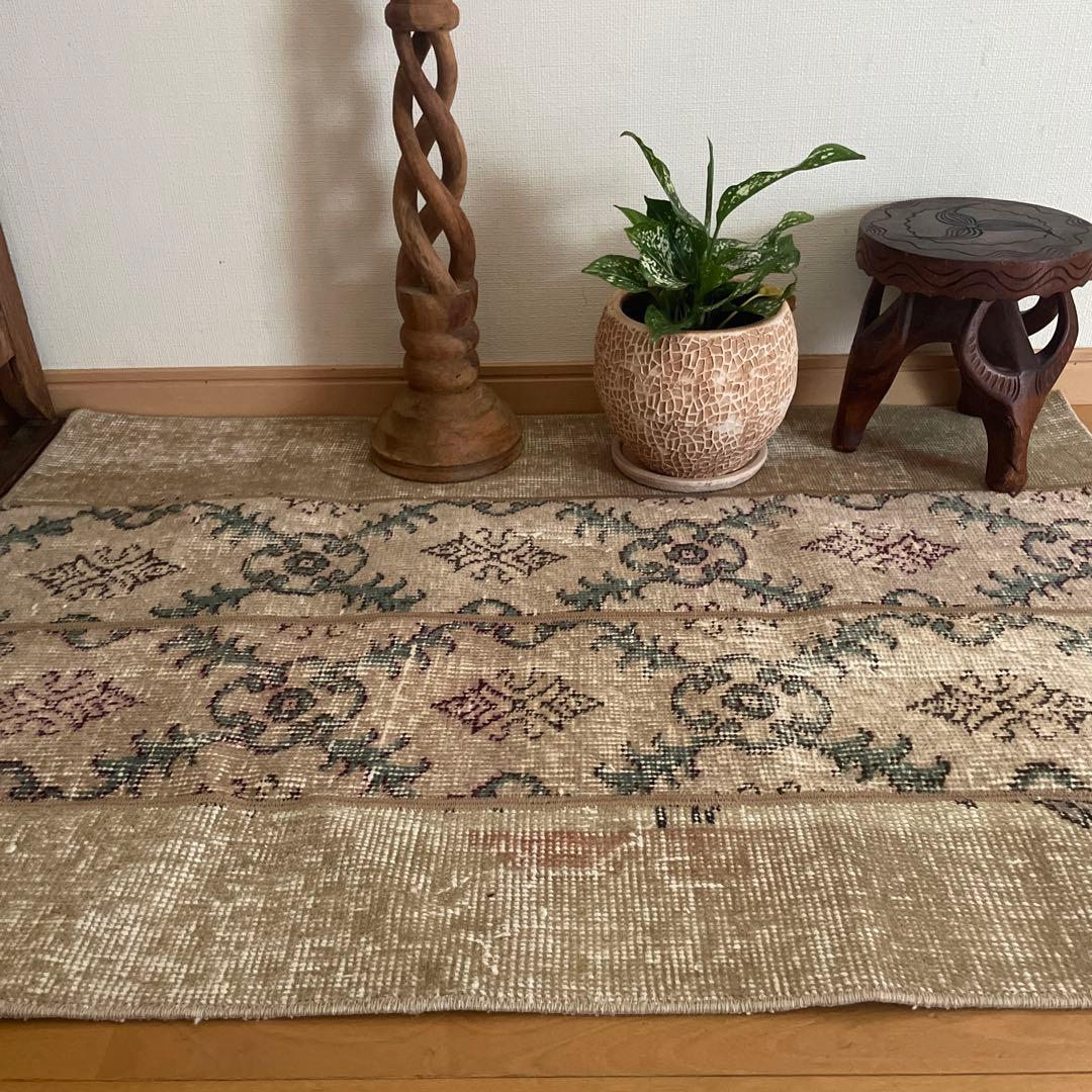 68.5×98 ベージュボタニカル　パッチワーク　トルコヴィンテージラグ