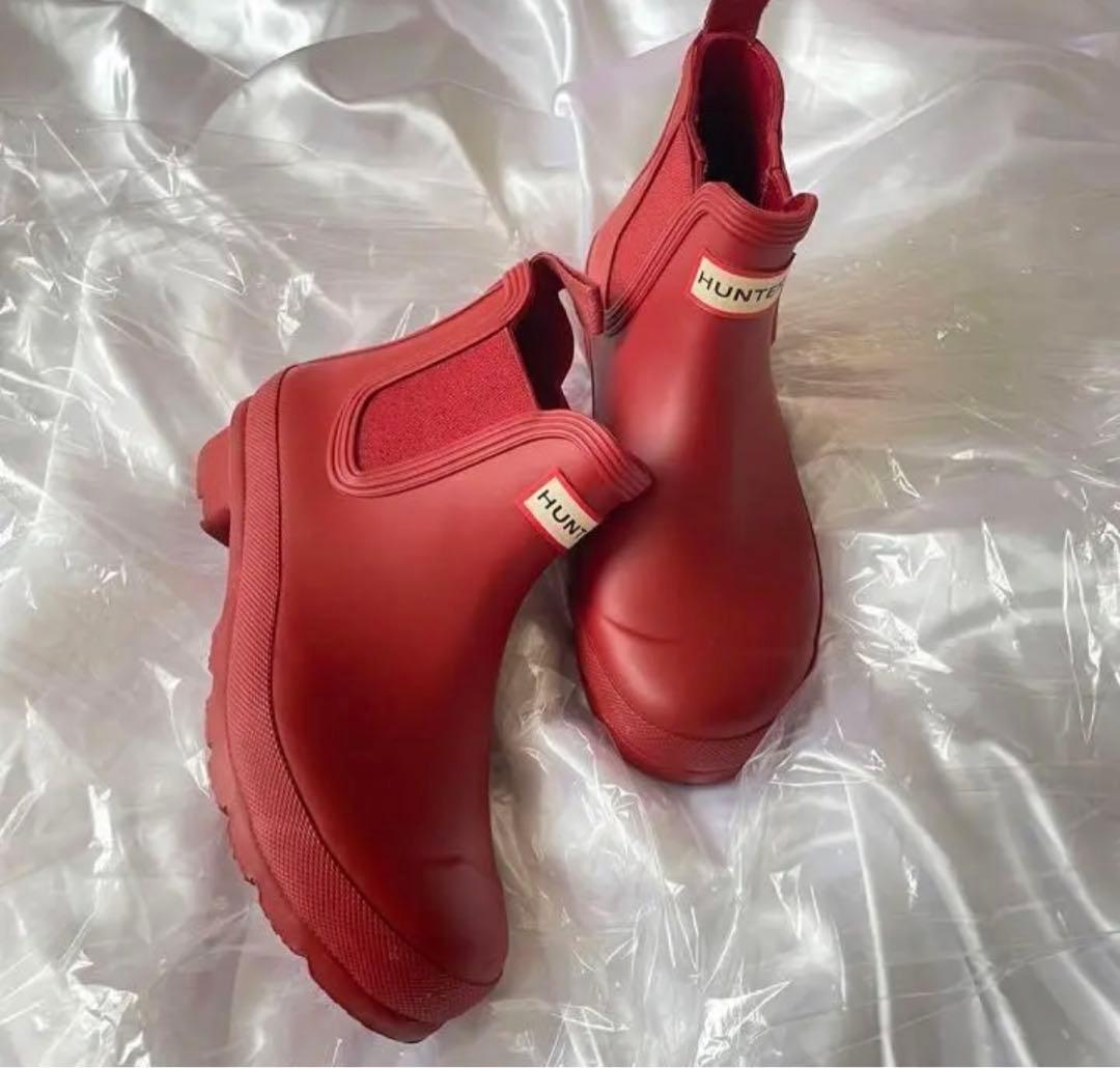 美品HUNTER　長靴　レインブーツ　チェルシーサイドゴアショートブーツ　レッド